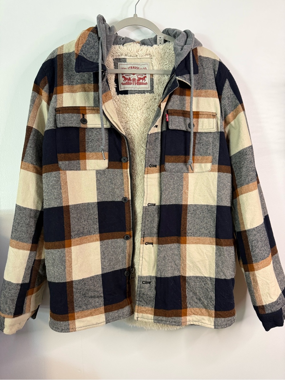 Levi's Plaid Sherpa-Lined Hooded Shirt Jacket in Navy, Brown & Cream
